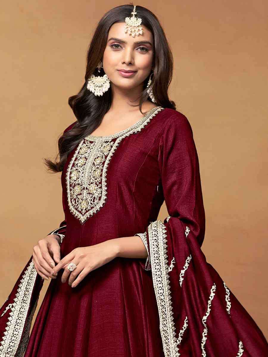 Maroon Art Silk Embroidered Festival Mehendi Anarkali Salwar Kameez