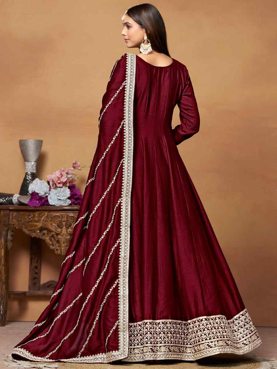 Maroon Art Silk Embroidered Festival Mehendi Anarkali Salwar Kameez