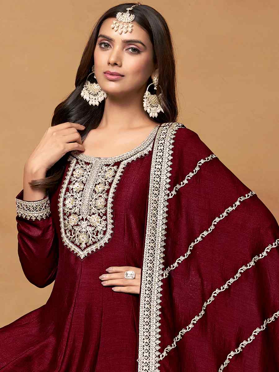 Maroon Art Silk Embroidered Festival Mehendi Anarkali Salwar Kameez