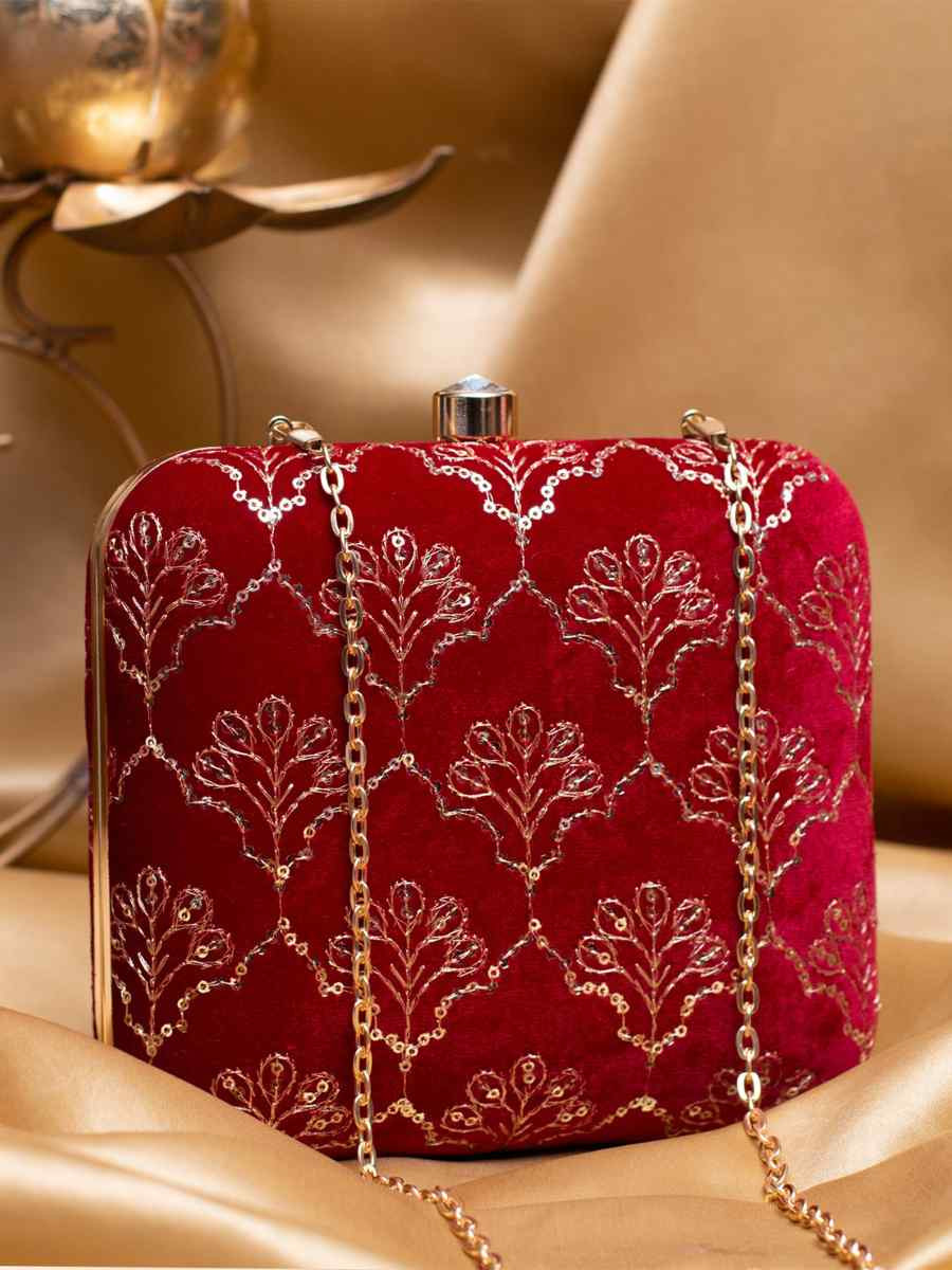 Maroon Art Silk Party Wear Embroidered Clutches