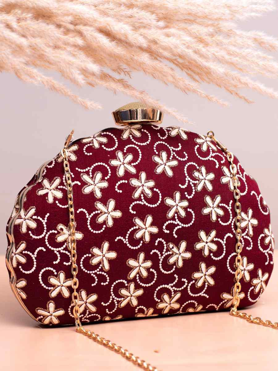 Maroon Art Silk Party Wear Embroidered Clutches