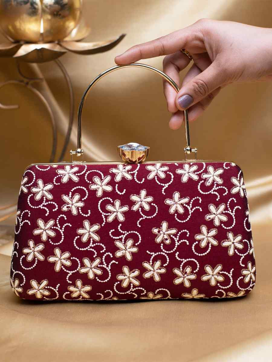 Maroon Art Silk Party Wear Embroidered Clutches