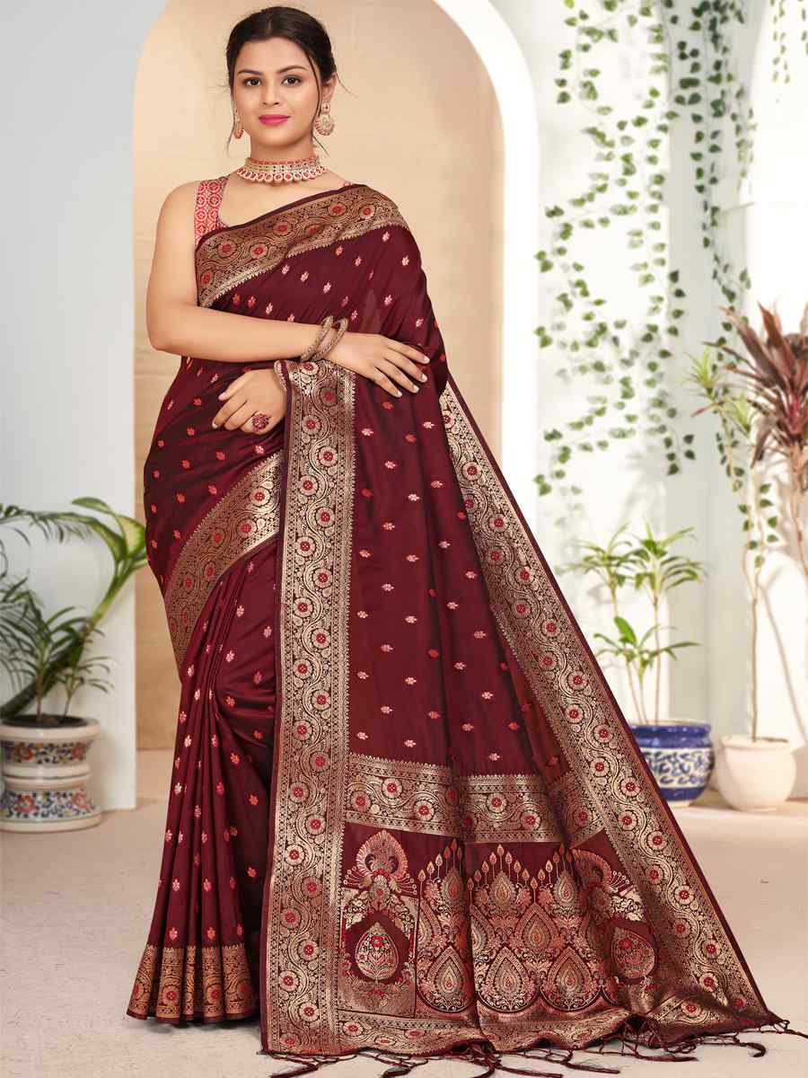 Maroon Banarasi Silk Handwoven Festival Wedding Heavy Border Saree