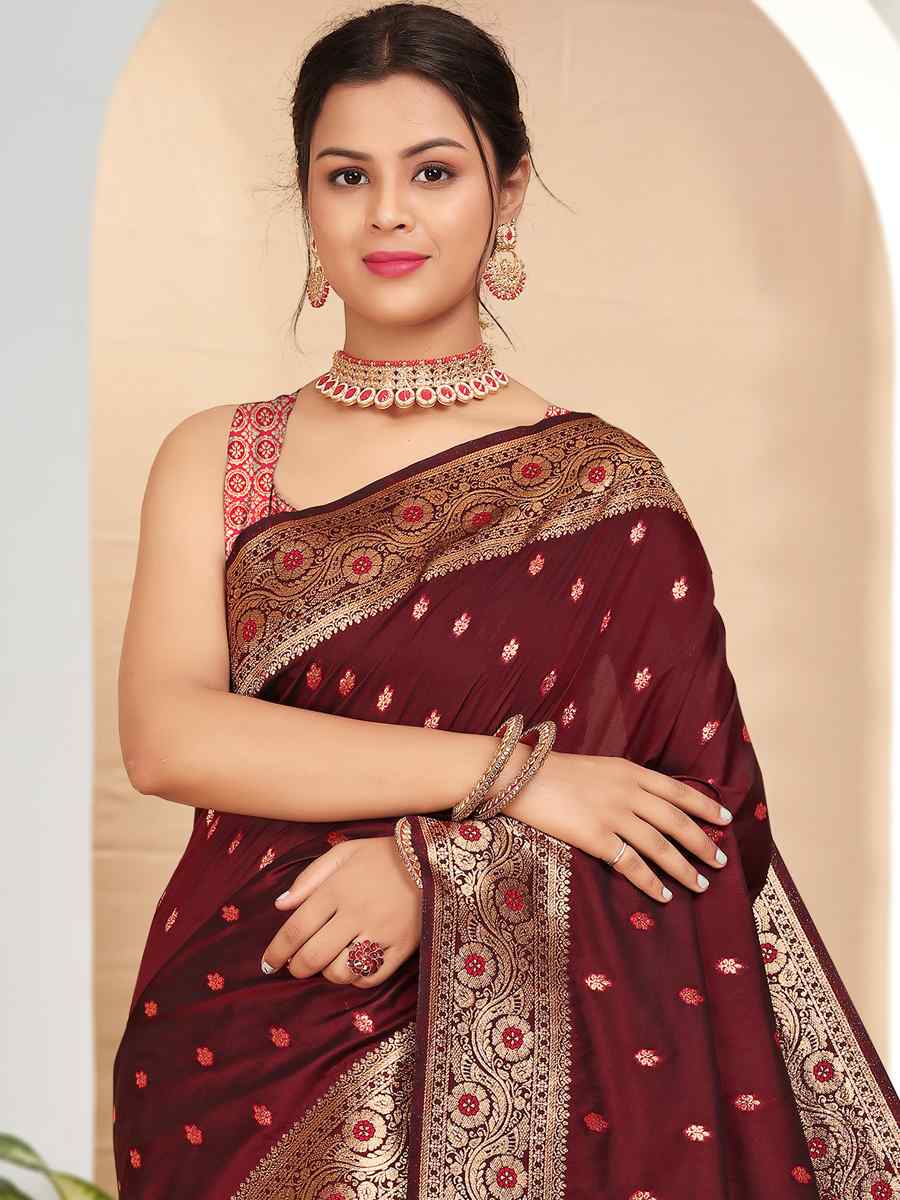 Maroon Banarasi Silk Handwoven Festival Wedding Heavy Border Saree