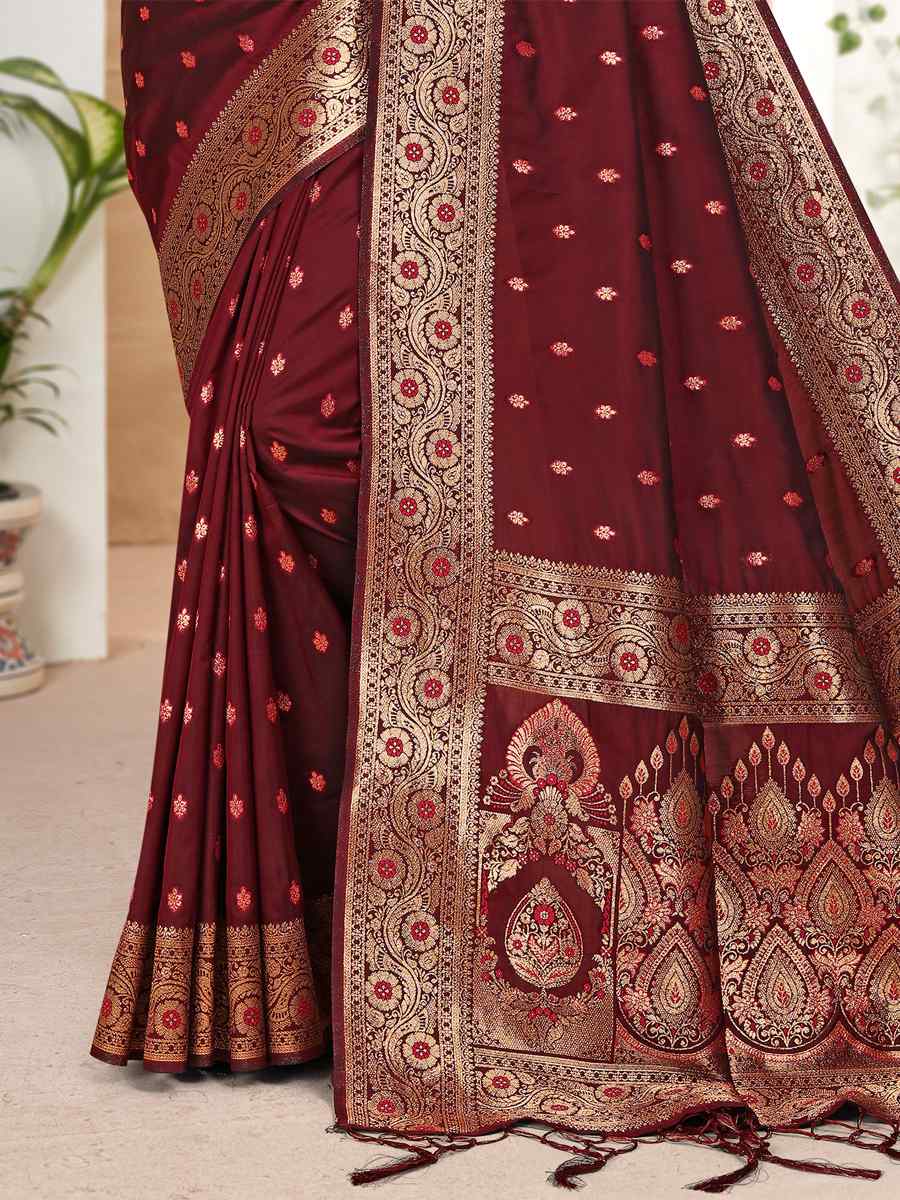 Maroon Banarasi Silk Handwoven Festival Wedding Heavy Border Saree