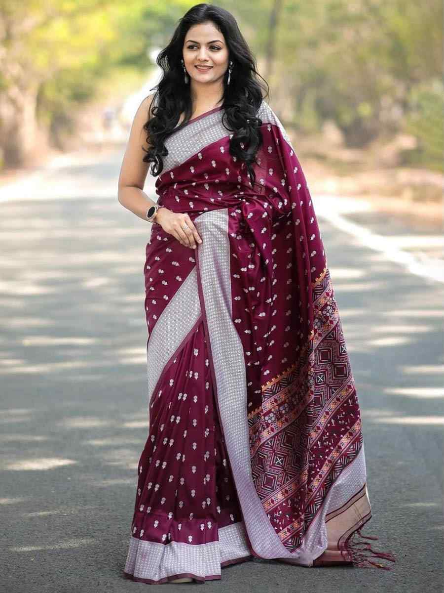 Maroon Banarasi Soft Silk Handwoven Festival Casual Heavy Border Saree