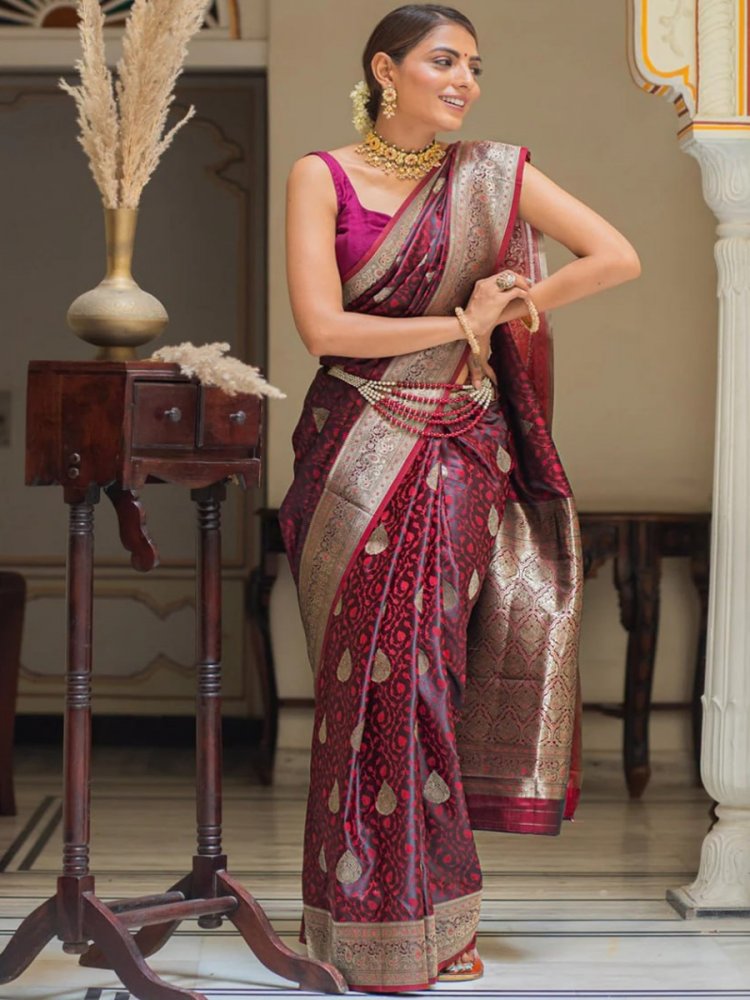 Maroon Banarasi Soft Silk Handwoven Festival Casual Heavy Border Saree