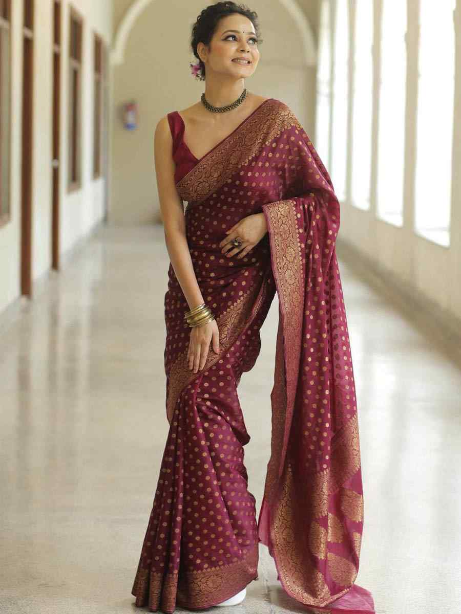 Maroon Banarasi Soft Silk Handwoven Festival Wedding Heavy Border Saree