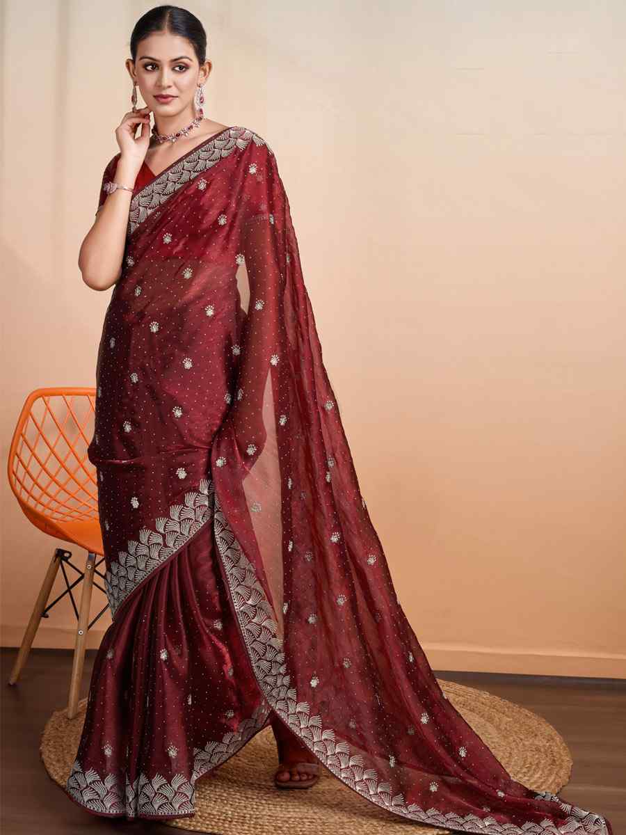 Maroon Blooming Burberry Embroidered Festival Party Heavy Border Saree