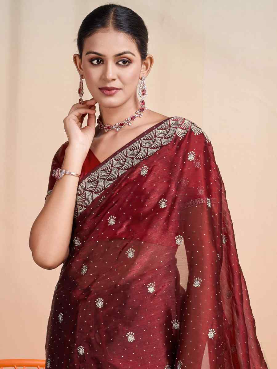 Maroon Blooming Burberry Embroidered Festival Party Heavy Border Saree