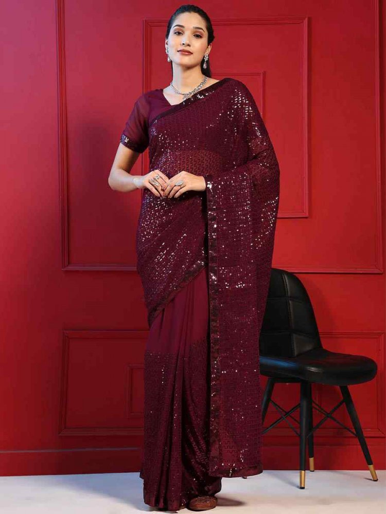 Maroon Blooming Georgette Sequins Party Wedding Classic Style Saree