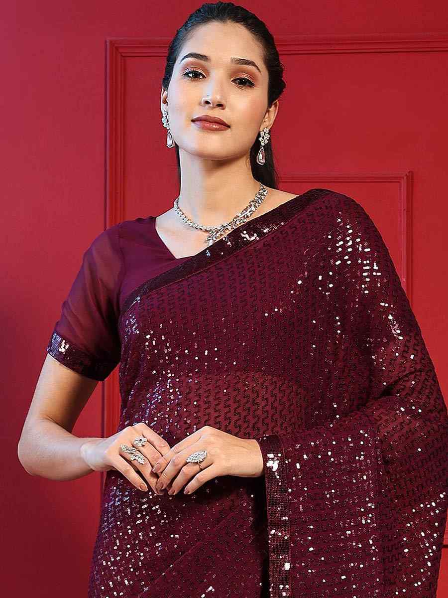 Maroon Blooming Georgette Sequins Party Wedding Classic Style Saree