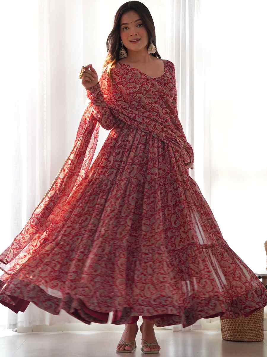 Maroon Brown Pure Soft Organza Printed Festival Party Ready Anarkali Salwar Kameez