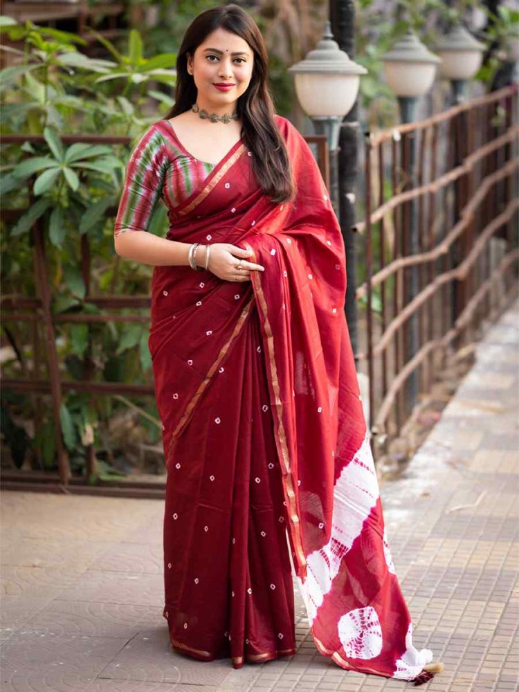 Maroon Chanderi Cotton Handwoven Party Festival Classic Style Saree