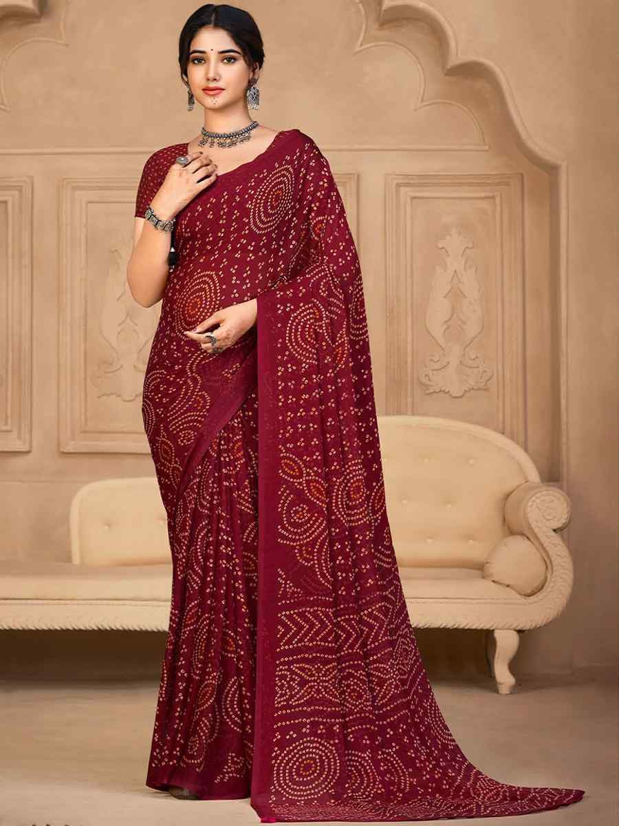 Maroon Chiffon Printed Festival Casual Contemporary Saree