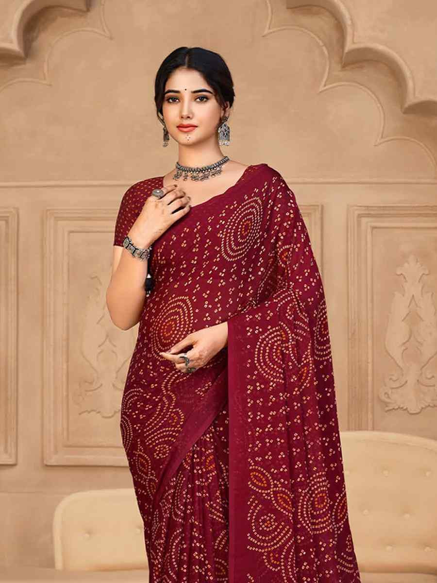 Maroon Chiffon Printed Festival Casual Contemporary Saree