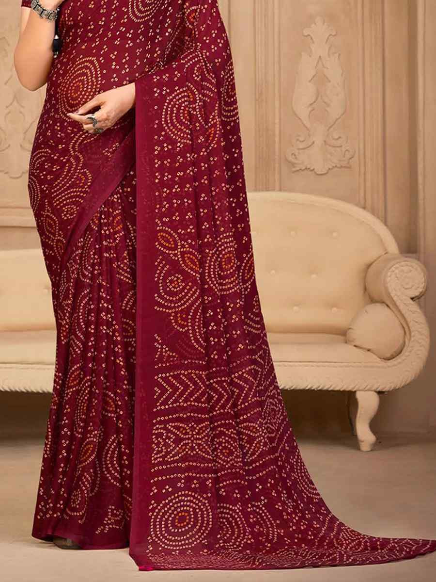 Maroon Chiffon Printed Festival Casual Contemporary Saree