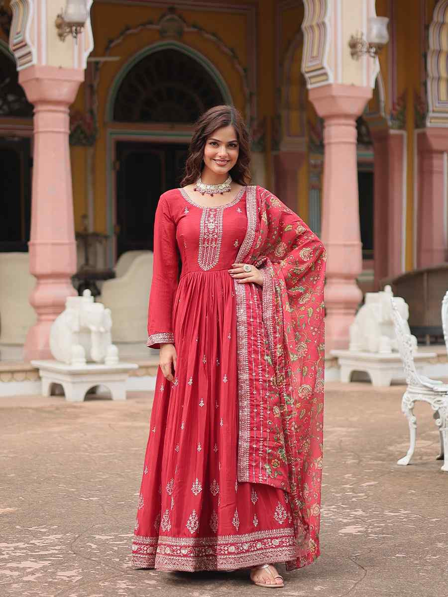 Maroon Chinon Embroidered Festival Casual Gown