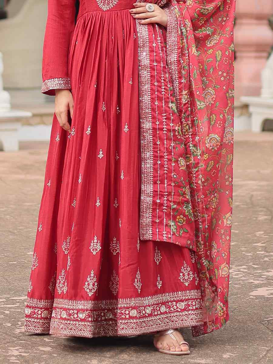 Maroon Chinon Embroidered Festival Casual Gown