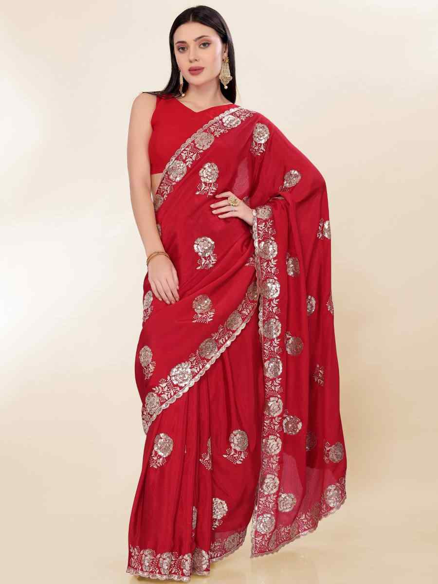 Maroon Chinon Silk Embroidered Bridesmaid Reception Heavy Border Saree