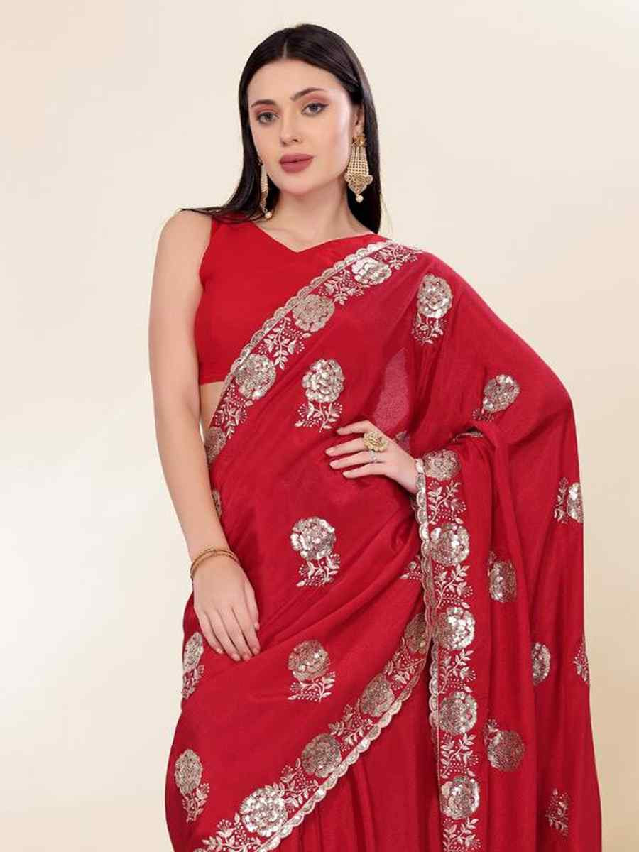 Maroon Chinon Silk Embroidered Bridesmaid Reception Heavy Border Saree