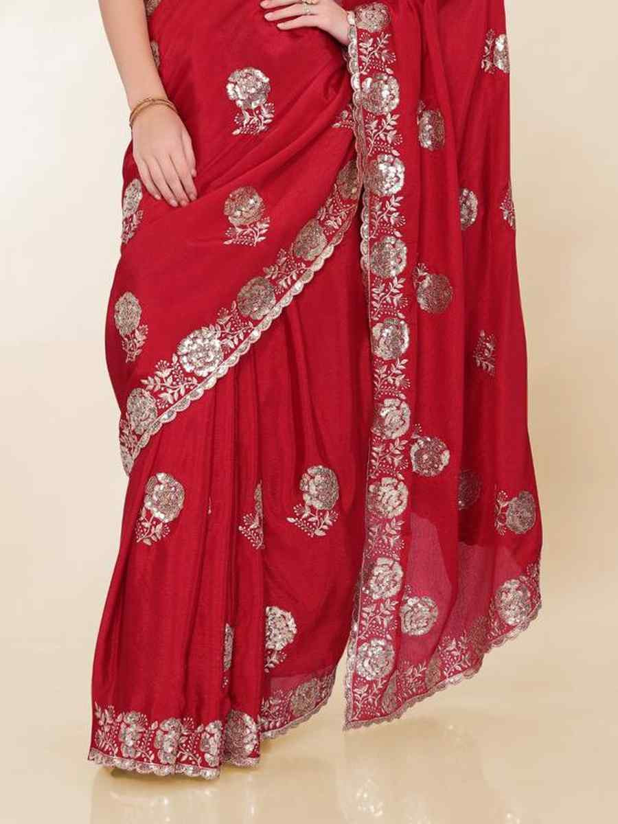 Maroon Chinon Silk Embroidered Bridesmaid Reception Heavy Border Saree