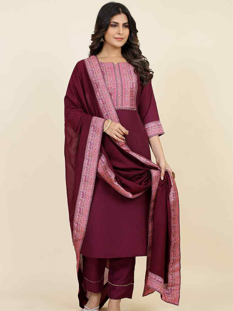 Maroon Chinon Silk Embroidered Festival Casual Ready Pant Salwar Kameez