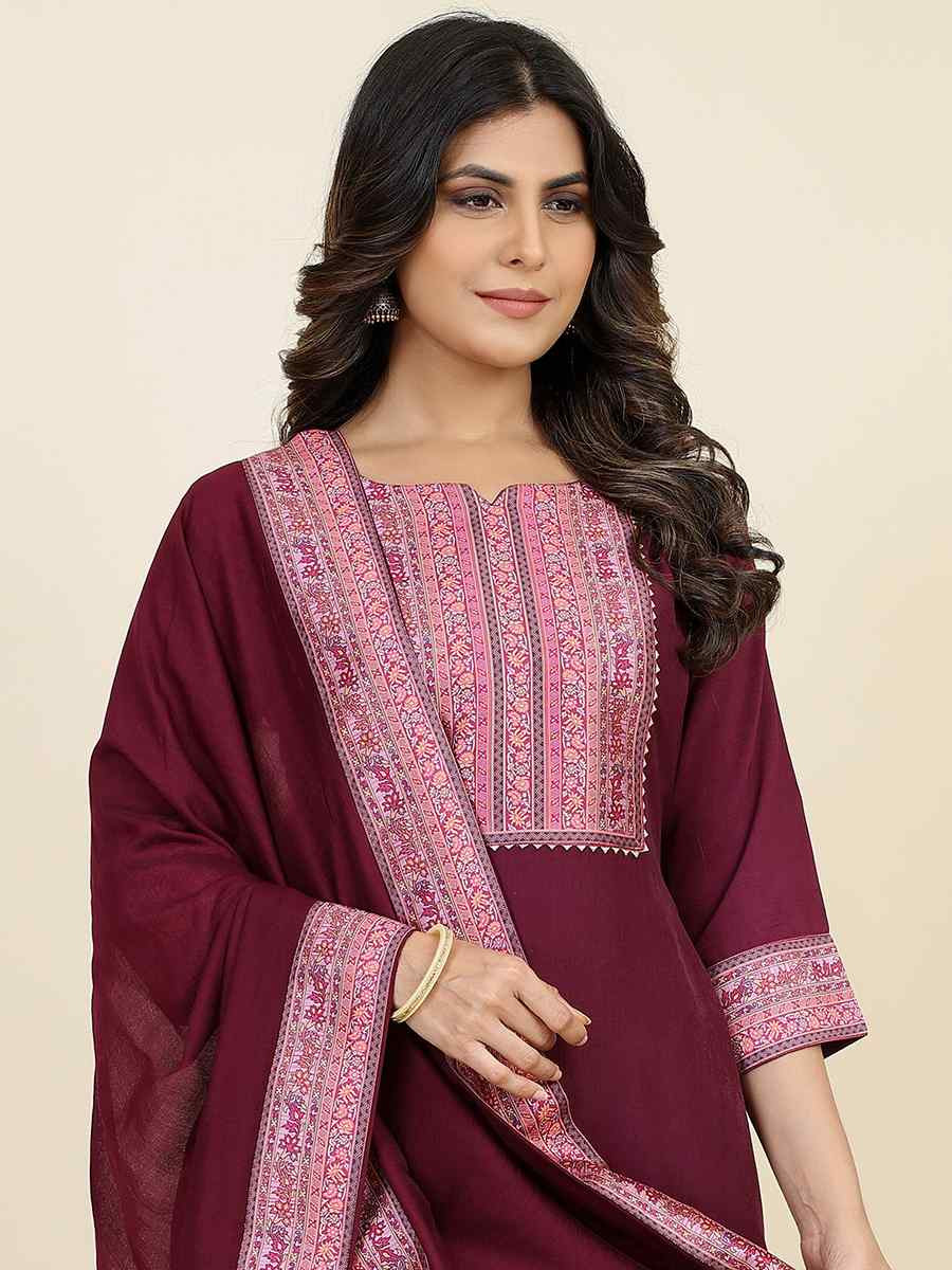 Maroon Chinon Silk Embroidered Festival Casual Ready Pant Salwar Kameez