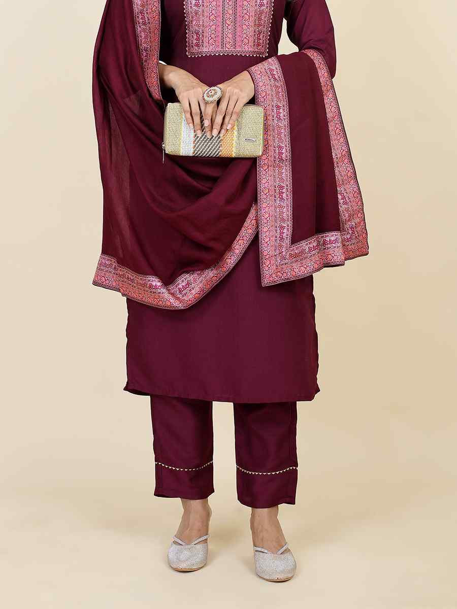 Maroon Chinon Silk Embroidered Festival Casual Ready Pant Salwar Kameez