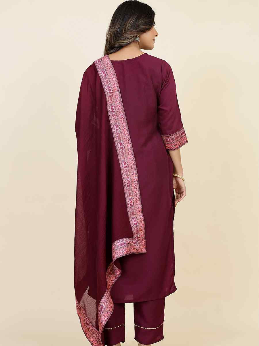 Maroon Chinon Silk Embroidered Festival Casual Ready Pant Salwar Kameez