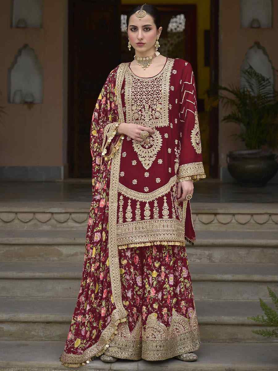 Maroon Chinon Silk Embroidered Festival Wedding Palazzo Pant Salwar Kameez