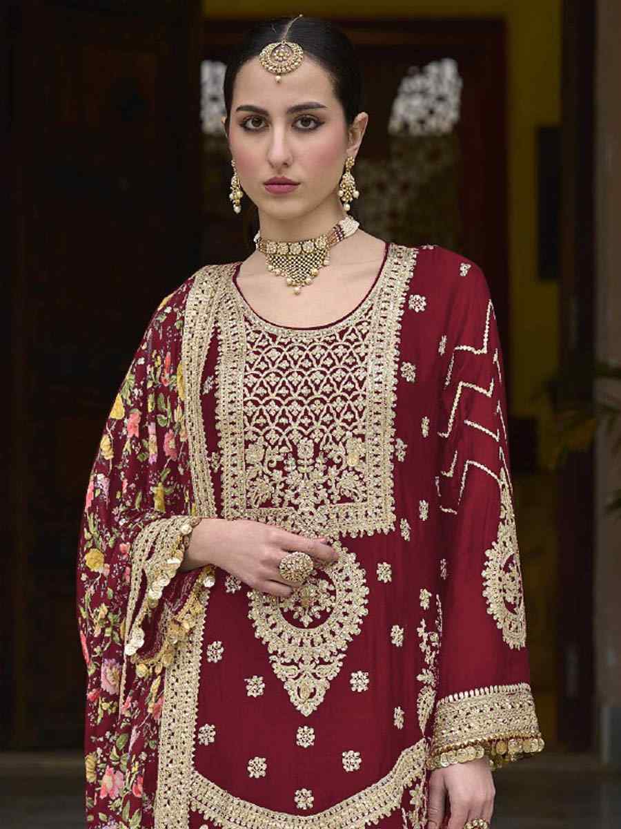 Maroon Chinon Silk Embroidered Festival Wedding Palazzo Pant Salwar Kameez