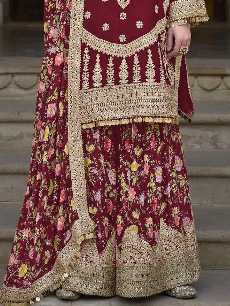 Maroon Chinon Silk Embroidered Festival Wedding Palazzo Pant Salwar Kameez