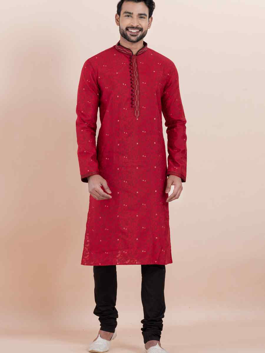 Maroon Cotton Silk Jacquard Embroidered Festival Wedding Kurta Pyjama Men's Wear