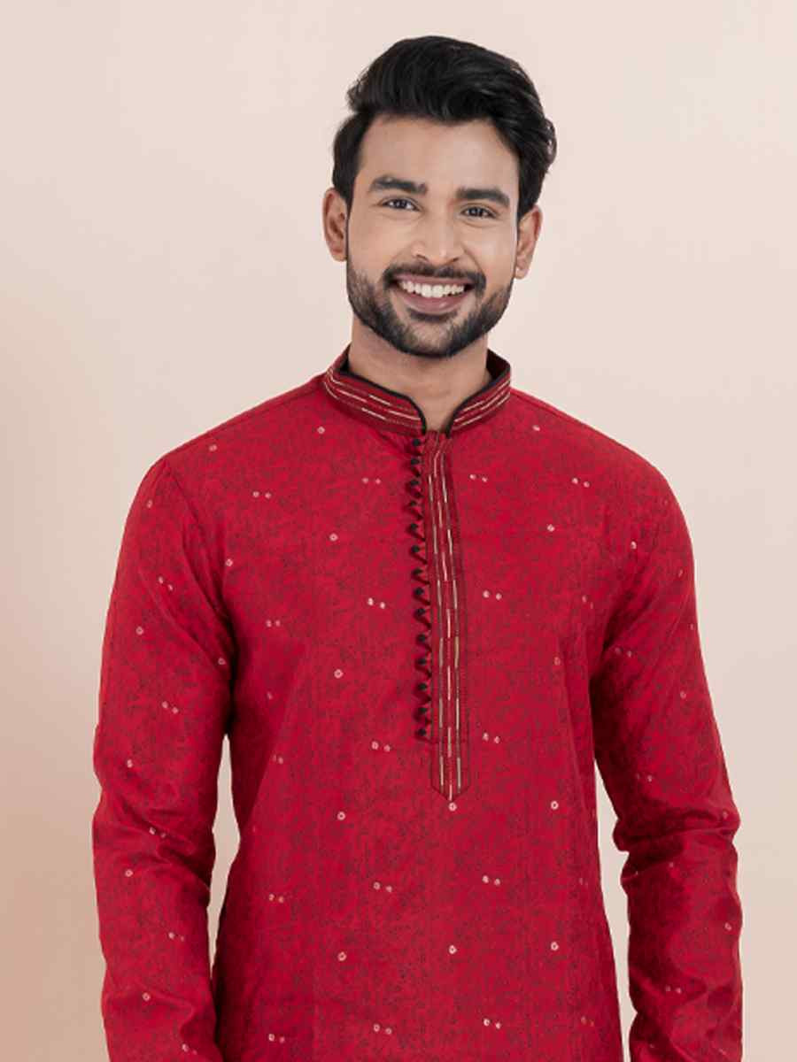 Maroon Cotton Silk Jacquard Embroidered Festival Wedding Kurta Pyjama Men's Wear