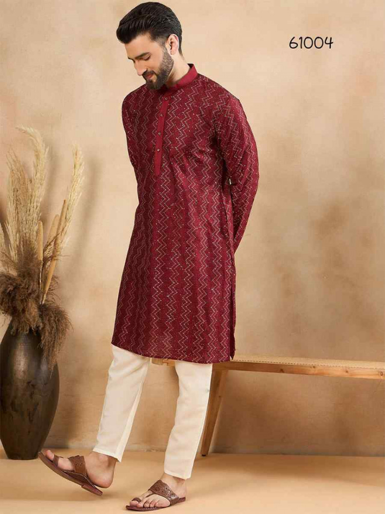 Maroon Designer Liva Silk Embroidered Festival Casual Kurta