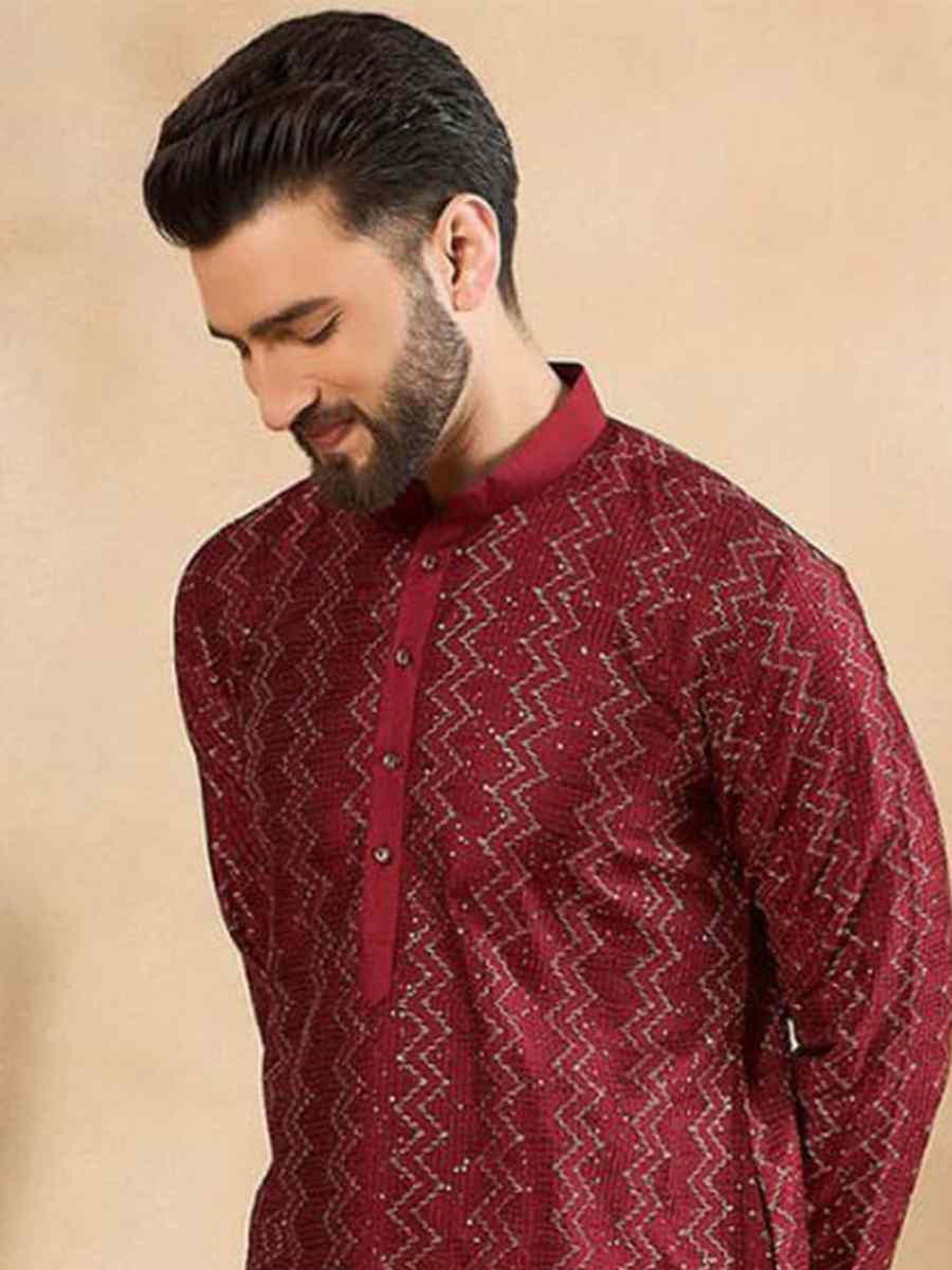 Maroon Designer Liva Silk Embroidered Festival Casual Kurta