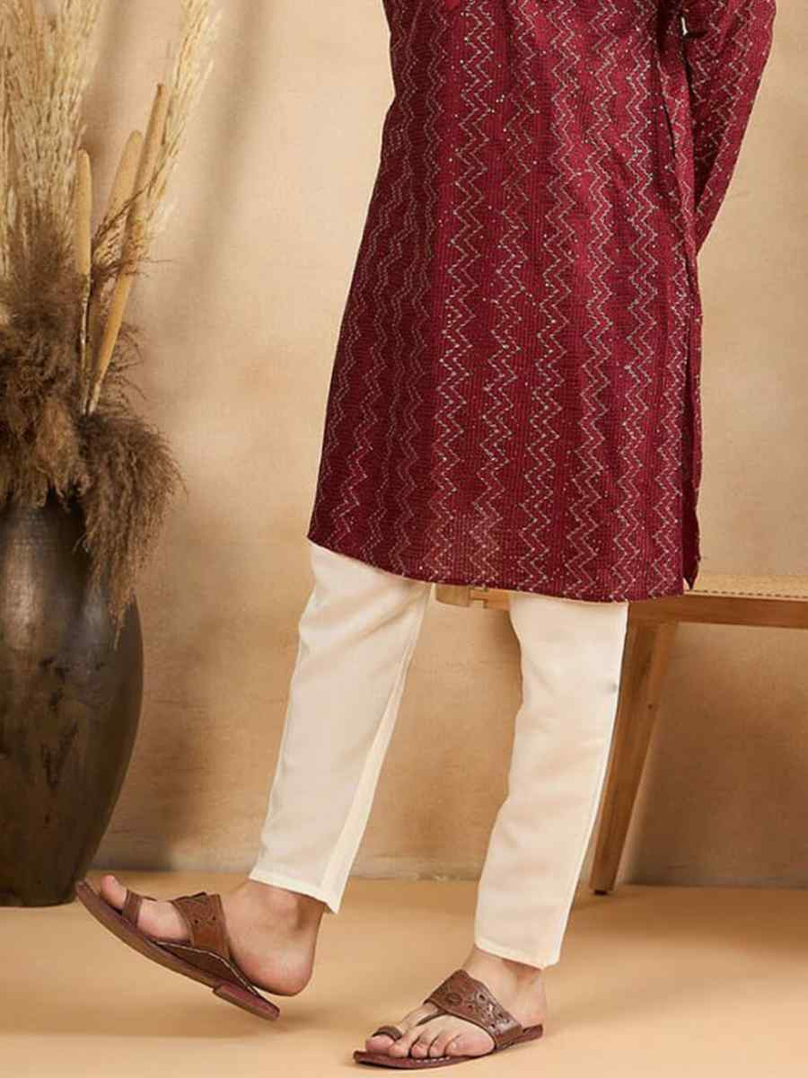 Maroon Designer Liva Silk Embroidered Festival Casual Kurta