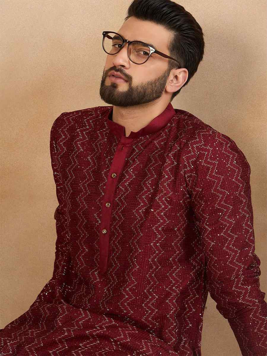 Maroon Designer Liva Silk Embroidered Festival Casual Kurta