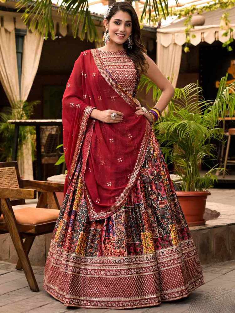 Maroon Dull Satin Embroidered Festival Mehendi Traditional Lehenga Choli