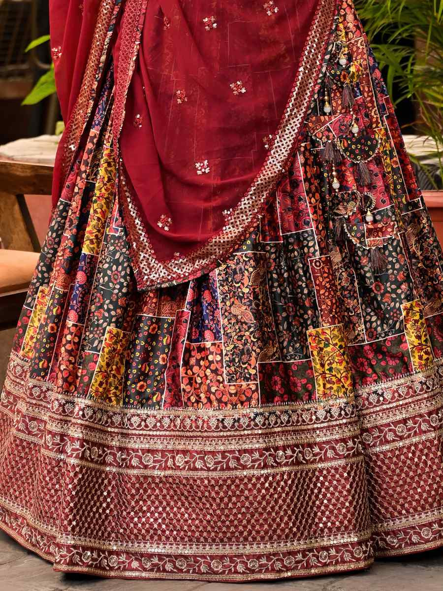 Maroon Dull Satin Embroidered Festival Mehendi Traditional Lehenga Choli