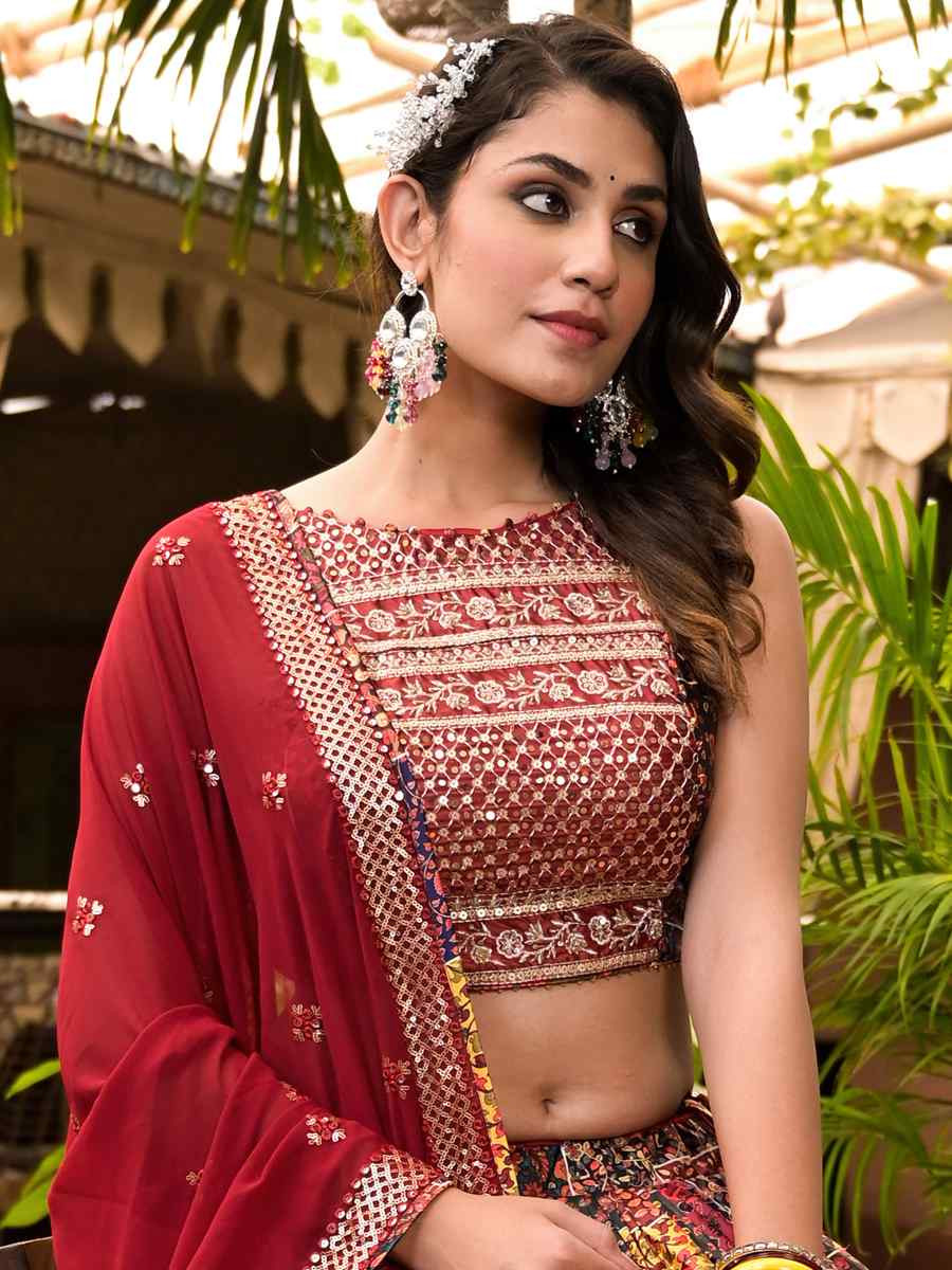 Maroon Dull Satin Embroidered Festival Mehendi Traditional Lehenga Choli