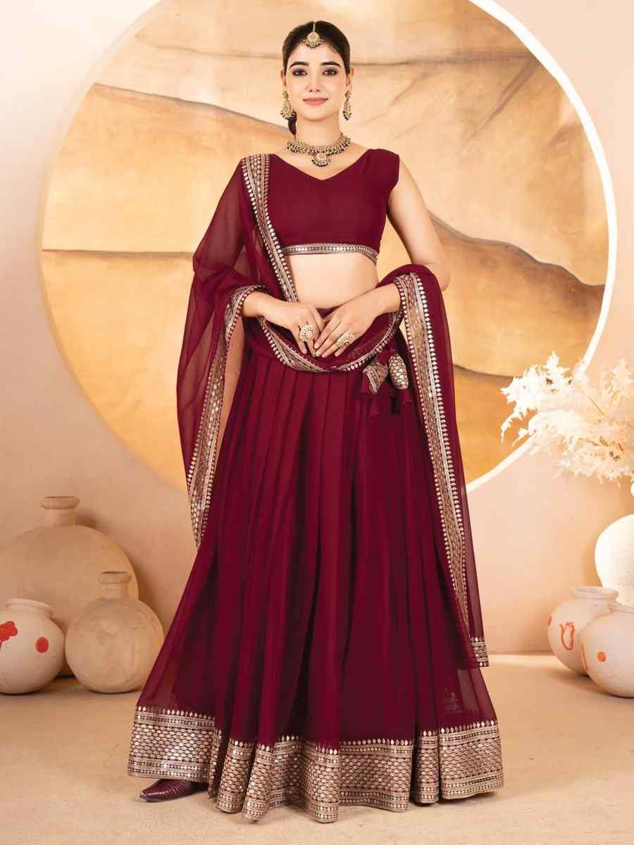 Maroon Faux Blooming Embroidery Reception Party Wear Heavy Border Lehenga Choli