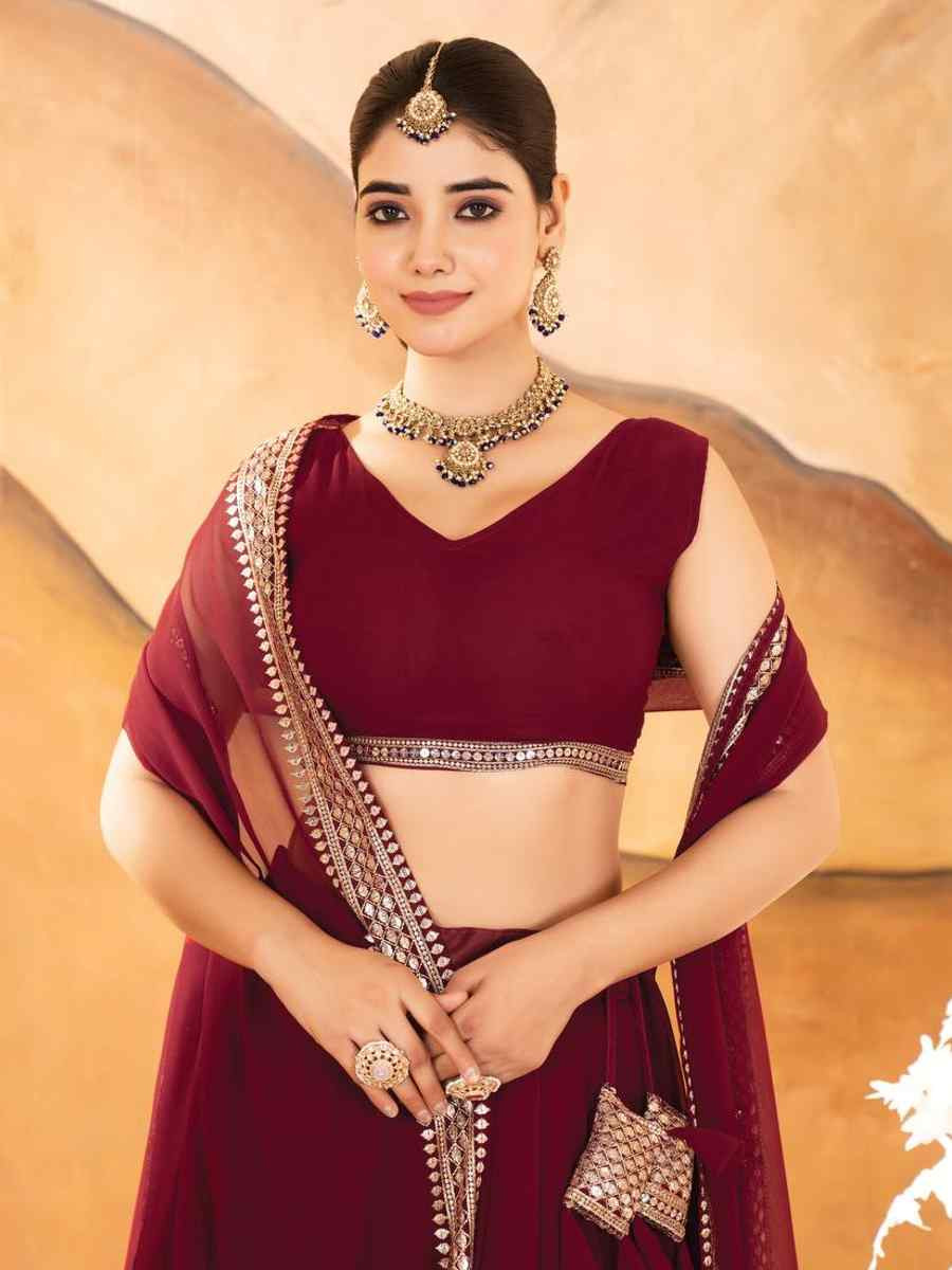 Maroon Faux Blooming Embroidery Reception Party Wear Heavy Border Lehenga Choli