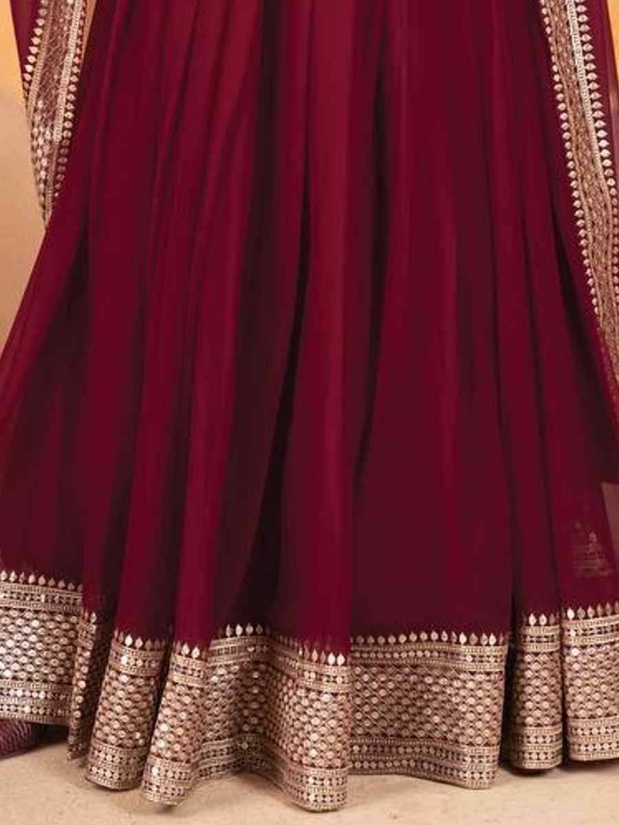 Maroon Faux Blooming Embroidery Reception Party Wear Heavy Border Lehenga Choli