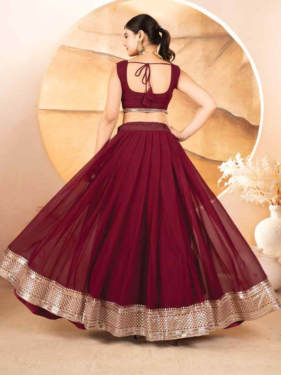 Maroon Faux Blooming Embroidery Reception Party Wear Heavy Border Lehenga Choli