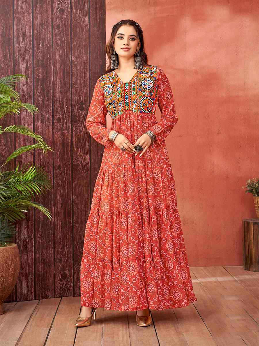 Maroon Faux Blooming Georgette Printed Festival Casual Gown