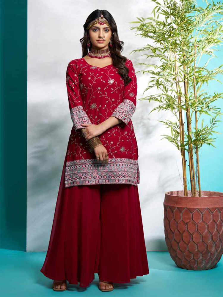 Maroon Faux Georgette Embroidered Festival Wedding Ready Palazzo Pant Salwar Kameez