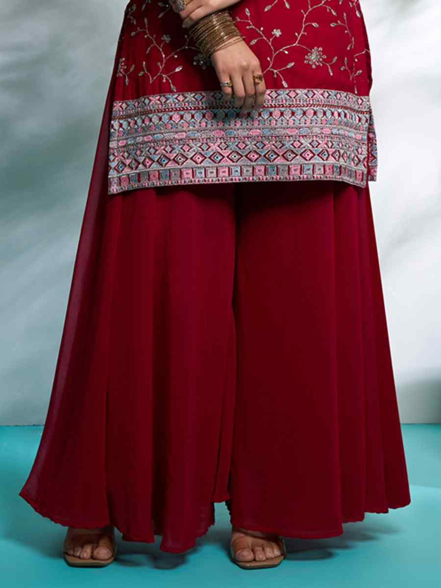 Maroon Faux Georgette Embroidered Festival Wedding Ready Palazzo Pant Salwar Kameez