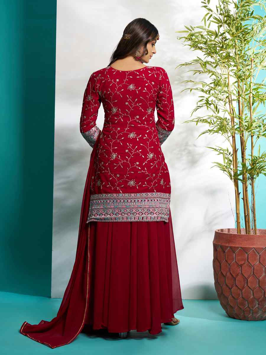 Maroon Faux Georgette Embroidered Festival Wedding Ready Palazzo Pant Salwar Kameez